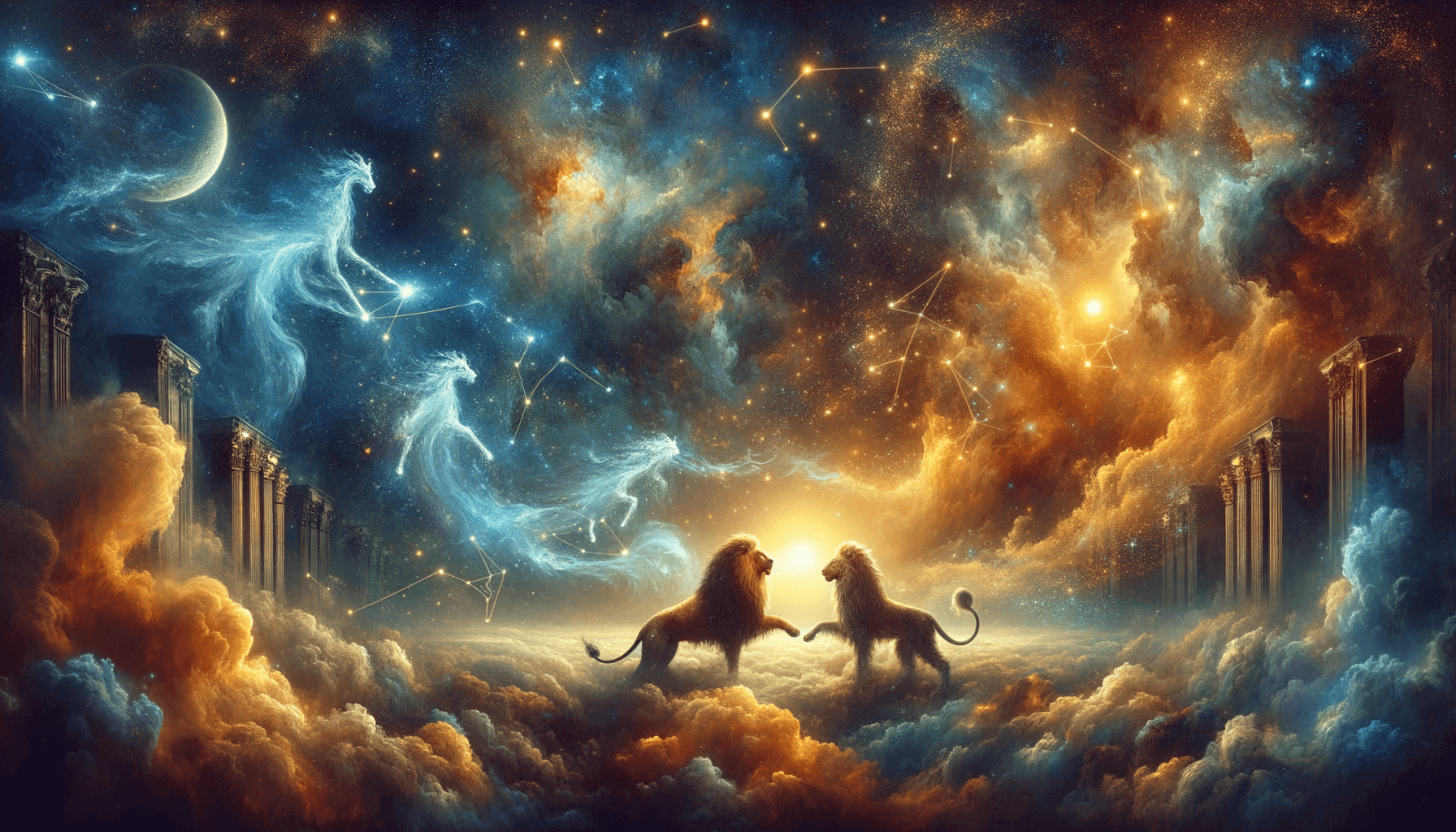 An illustration of a vibrant social party scene where a charismatic Leo and an intellectual Aquarius are the center of different, engaging conversations.