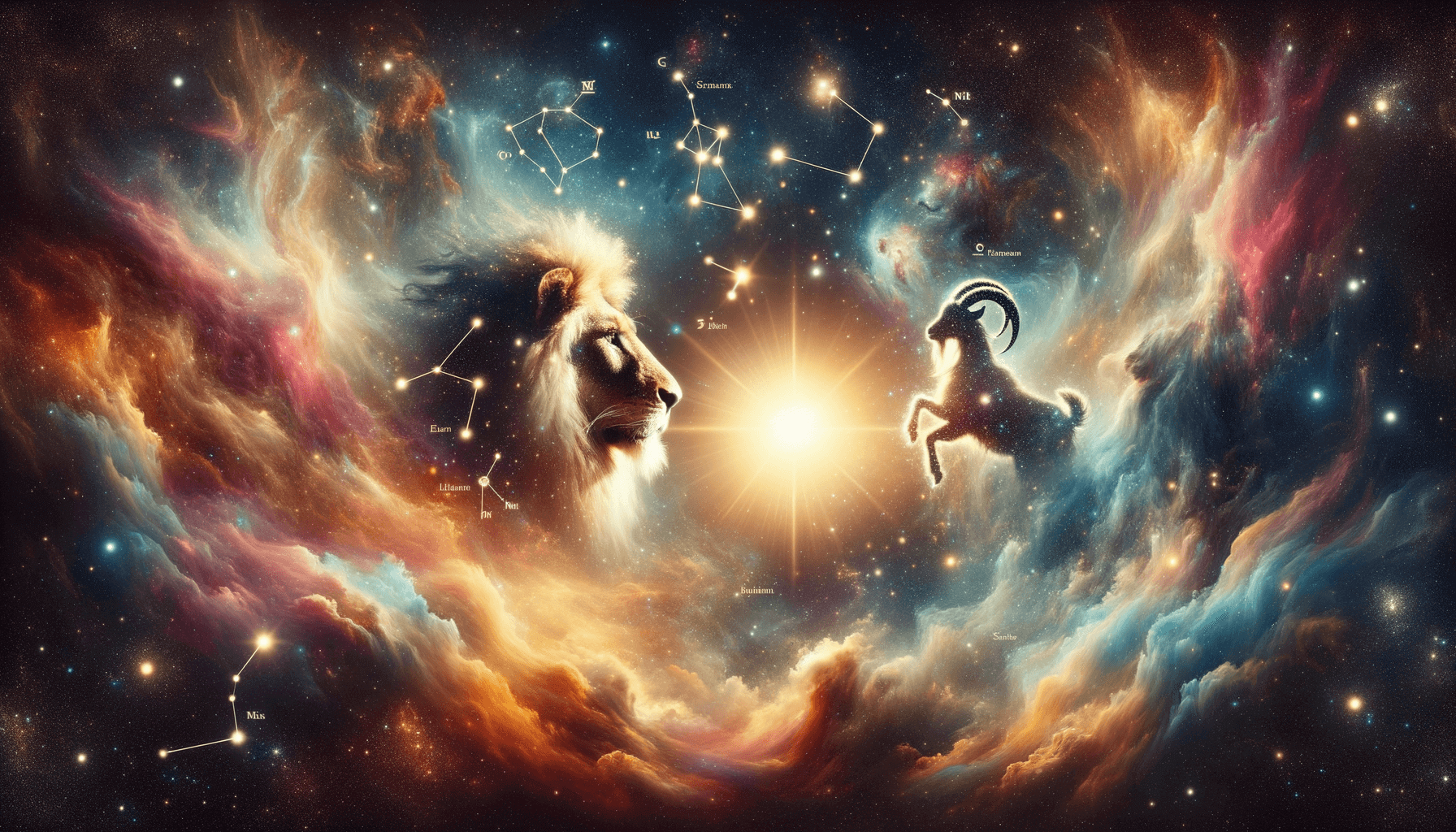 An earthy mountain range under a starry sky, with a constellation in the shape of a goat, symbolizing Capricorn's grounded nature.