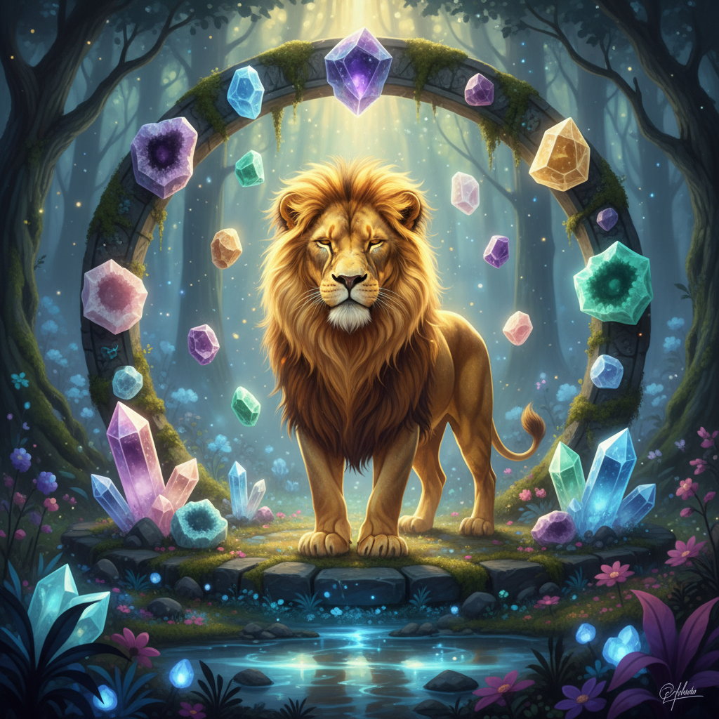 Majestic golden lion surrounded by glowing healing crystals