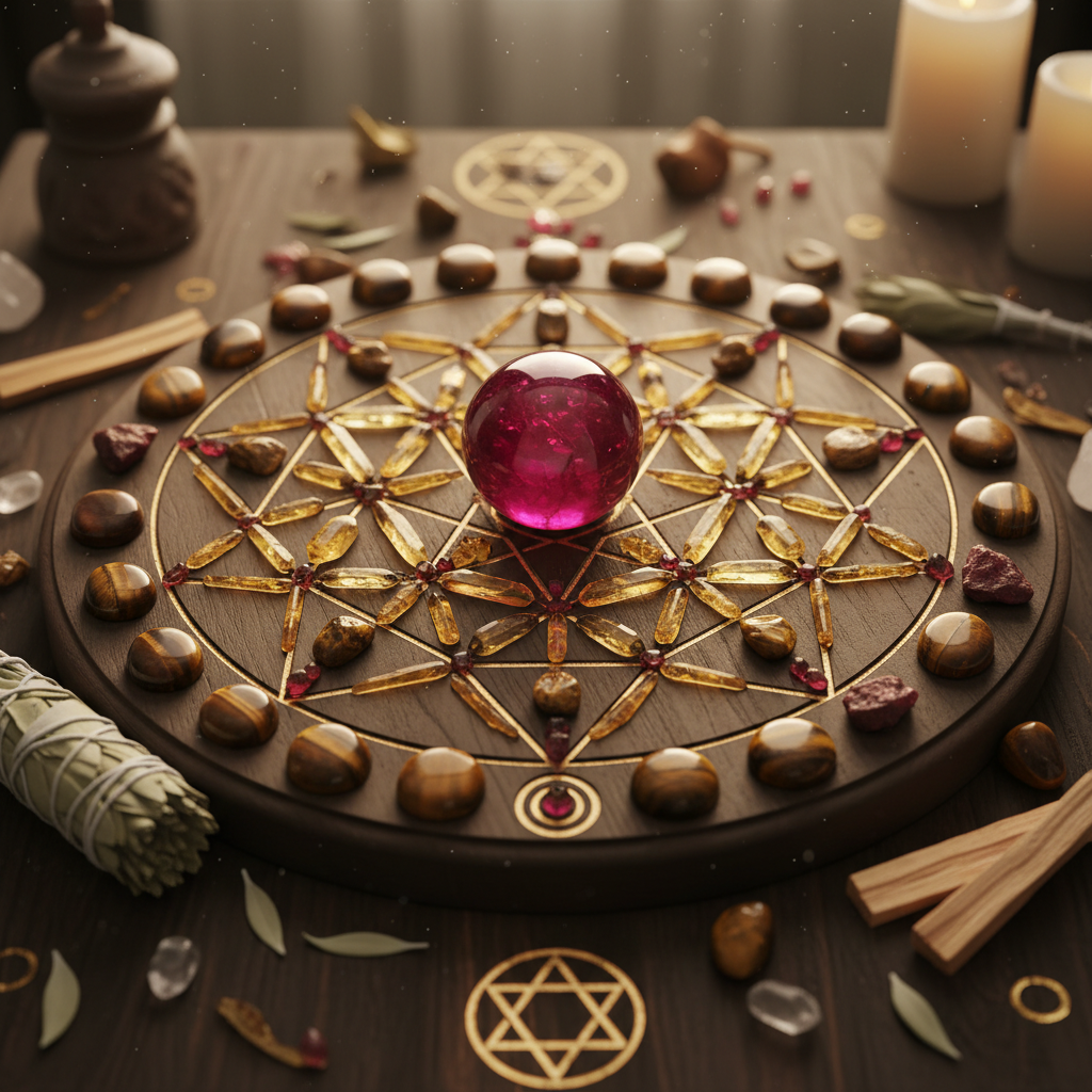 Sacred crystal grid with ruby citrine and tiger eye