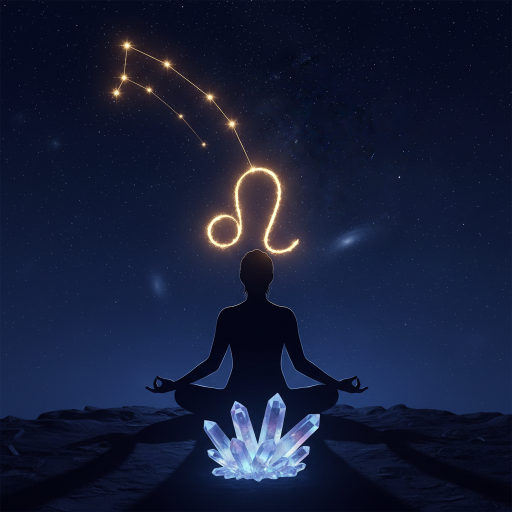Silhouette meditating with Leo constellation and crystals