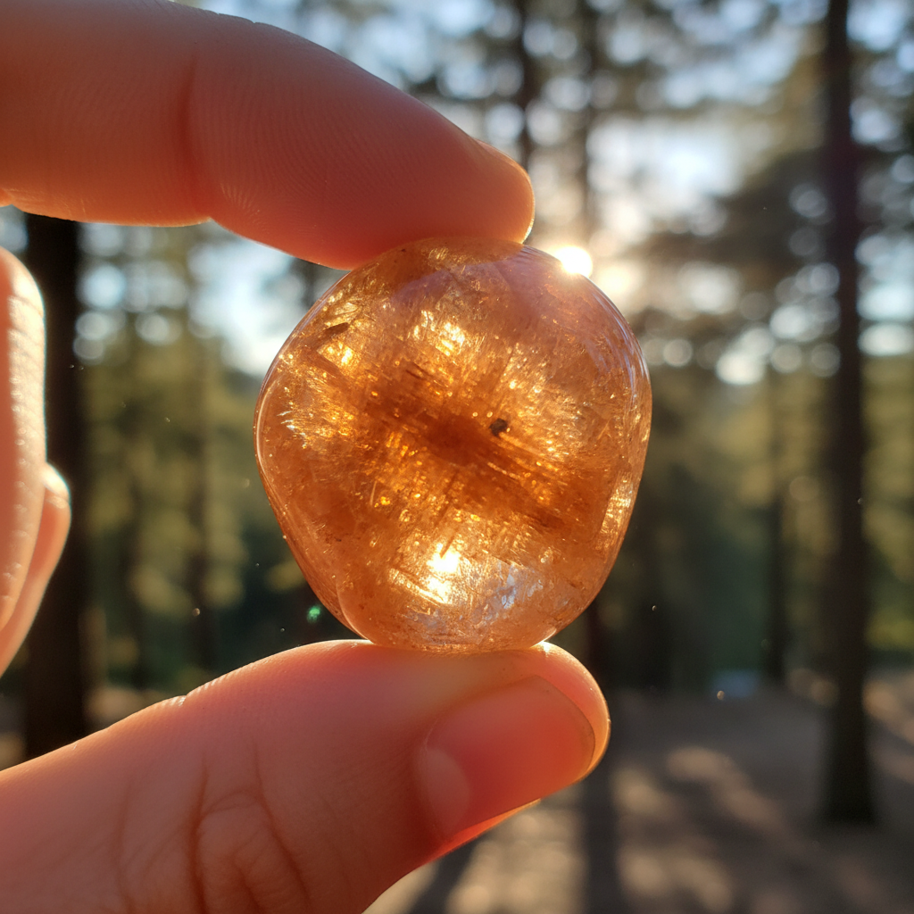 Golden sunstone crystal catching sunlight