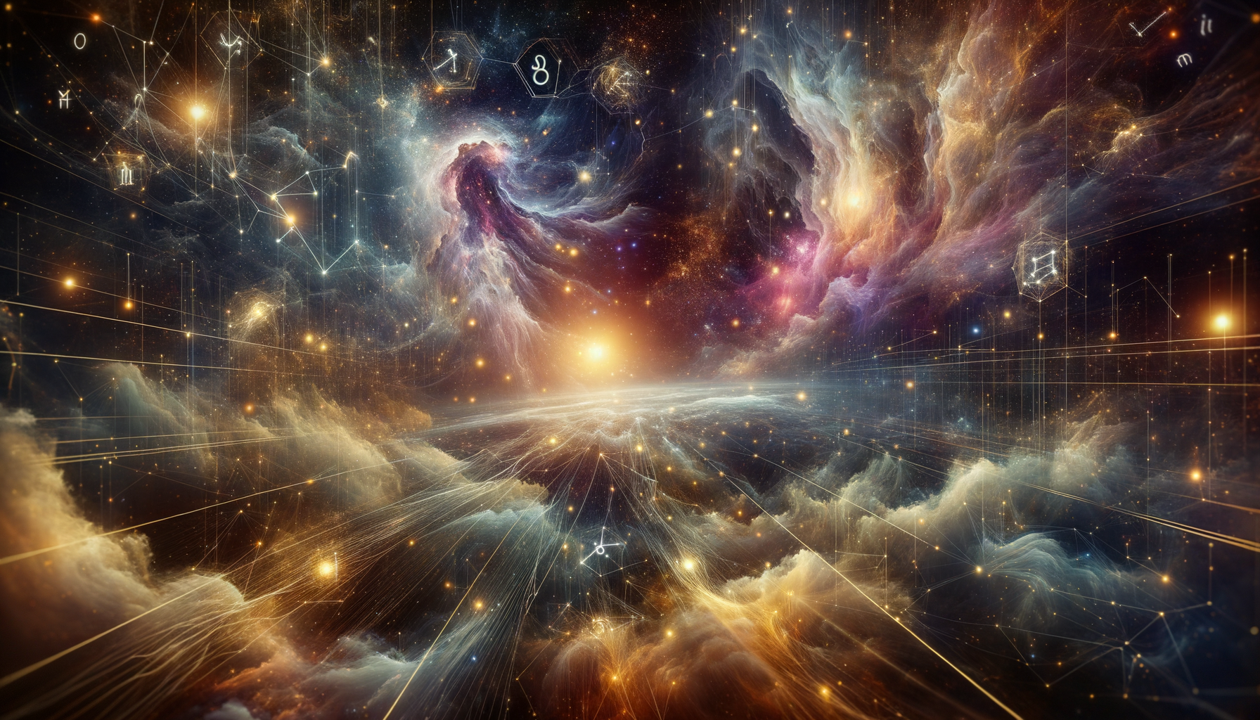 A bridge of starlight connecting a fiery sun and a tranquil moon over a cosmic ocean.