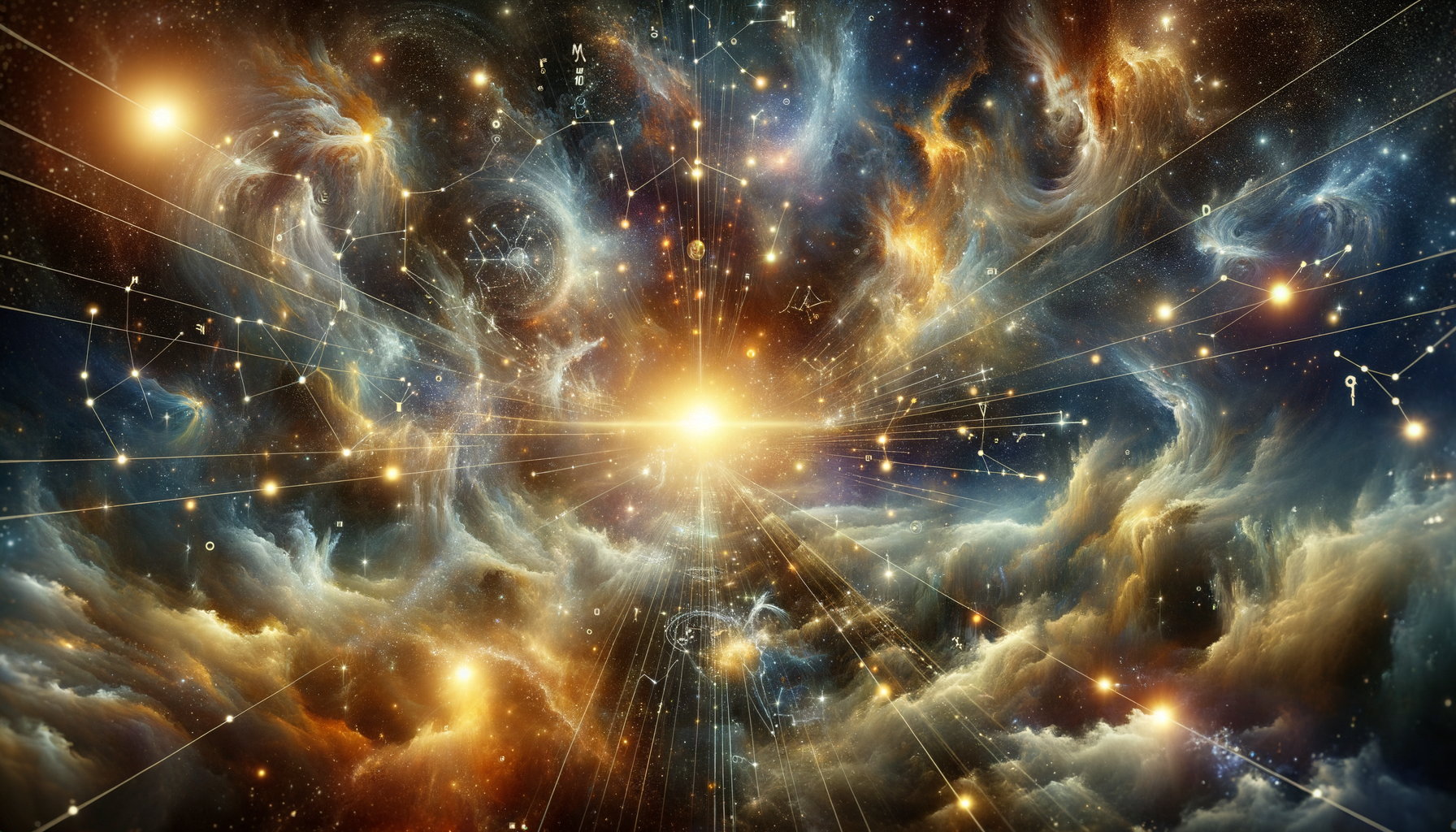 An abstract cosmic castle with a sun-lion flag and a moon-crab flag, symbolizing a harmonious home built together.