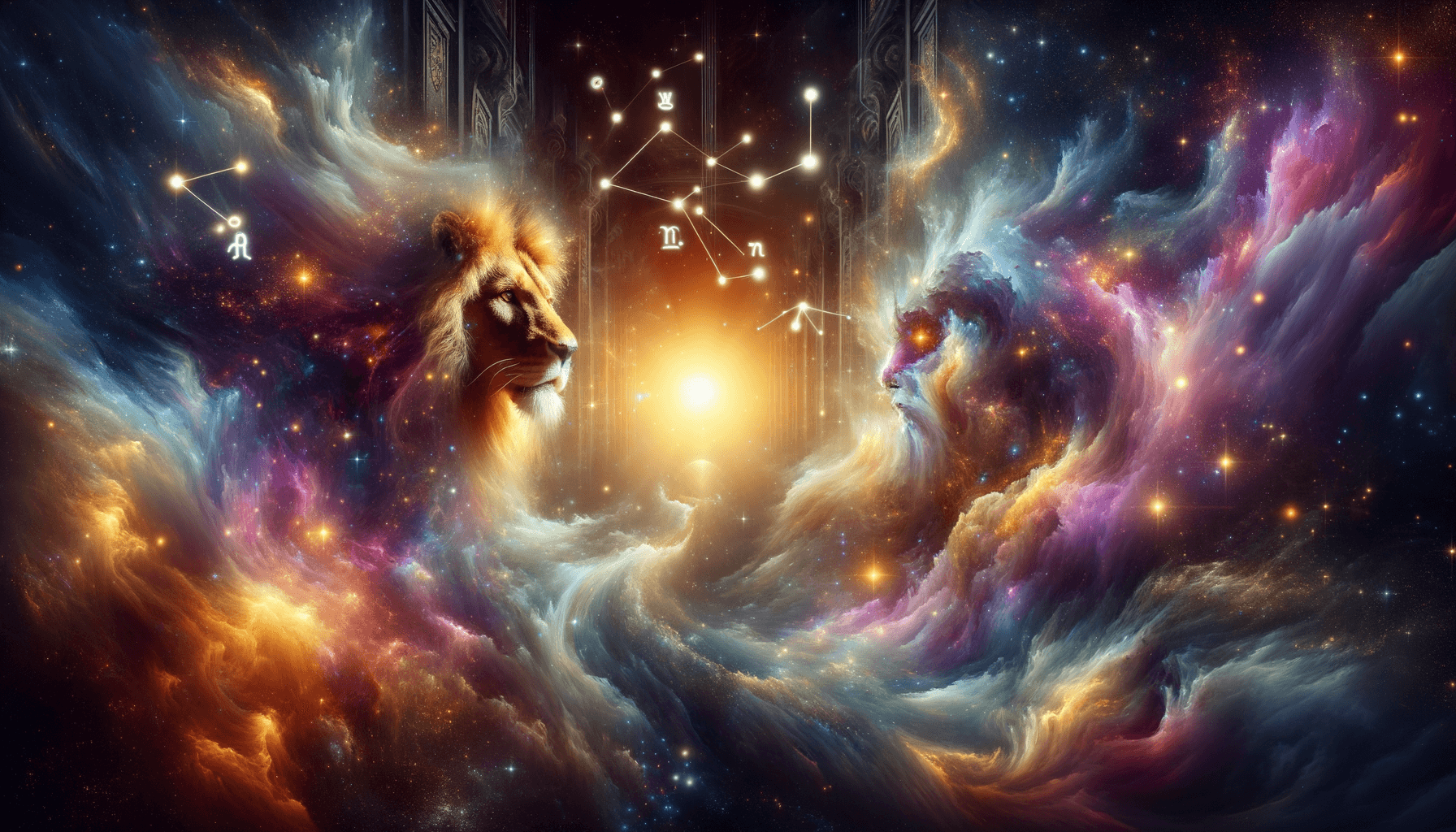 Celestial art showing the pillars of loyalty and excellence that bond Leo and Virgo.
