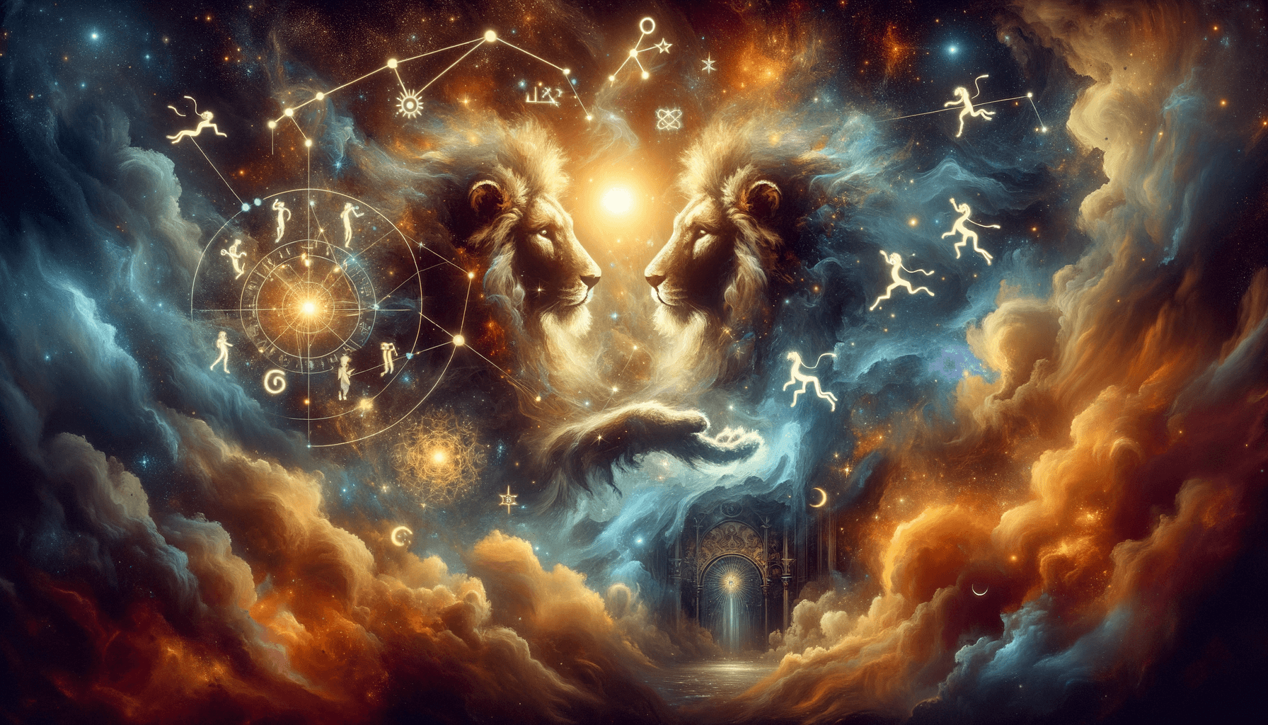 Two lion constellations meeting in a cosmic dance