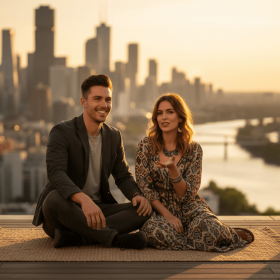 Leo man and Aquarius woman couple on a rooftop at golden hour