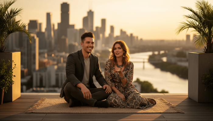 Leo man and Aquarius woman couple on a rooftop at golden hour