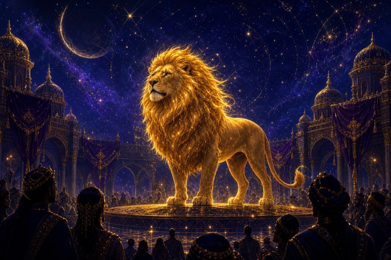 Golden lion standing proudly at the center of a royal court